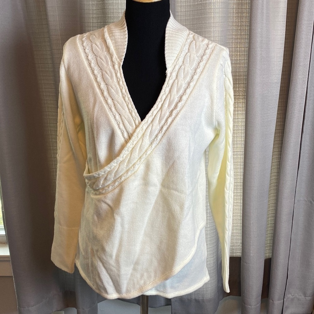 VENUS Women’s High Collar V-Neck Faux Wrap Cable Knit Cream Color Sweater sz L